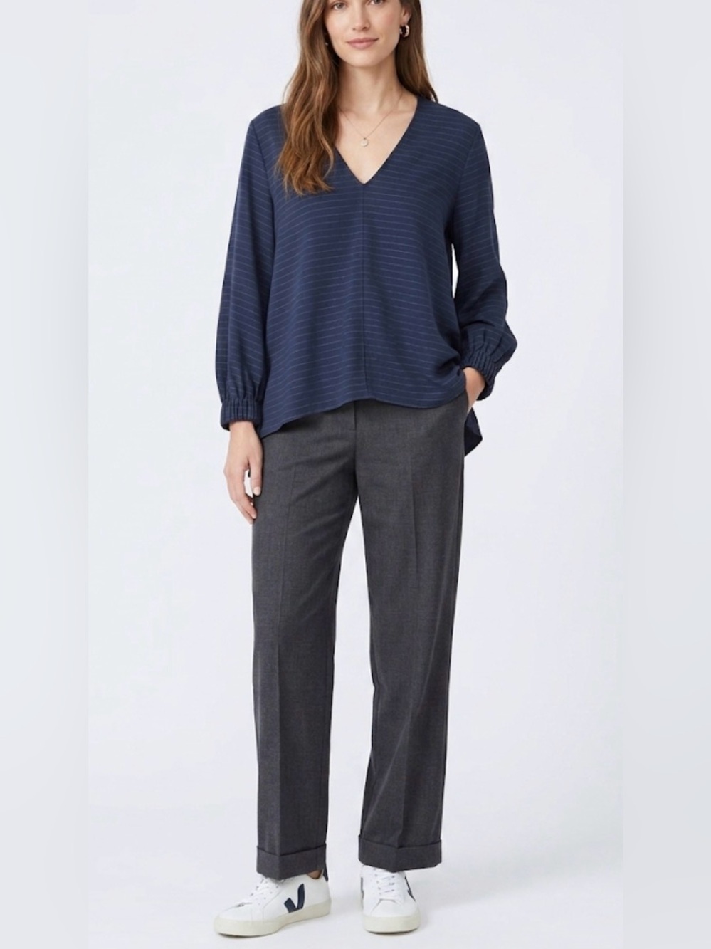 Tibi Navy Blue Fine Pinstripe V-Neck Blouse Smocked Cuffs Size M